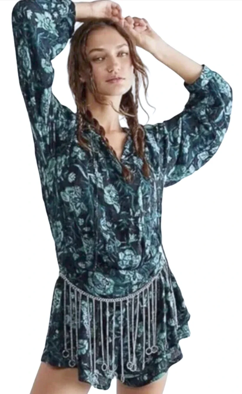 NEW FREE PEOPLE BLUE GREEN DANCE 'TIL DAWN ROMPER SIZE XS